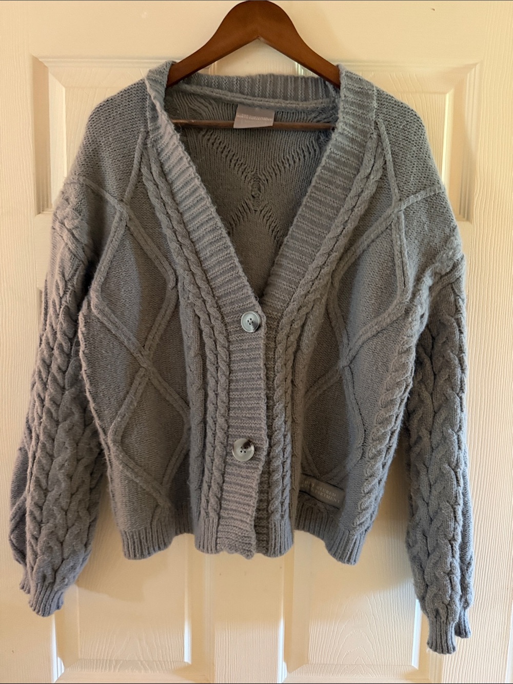Taylor Swif TTPD Chunky Cable Knit V-Neck Cardigan Sweater - Light Grayish Blue